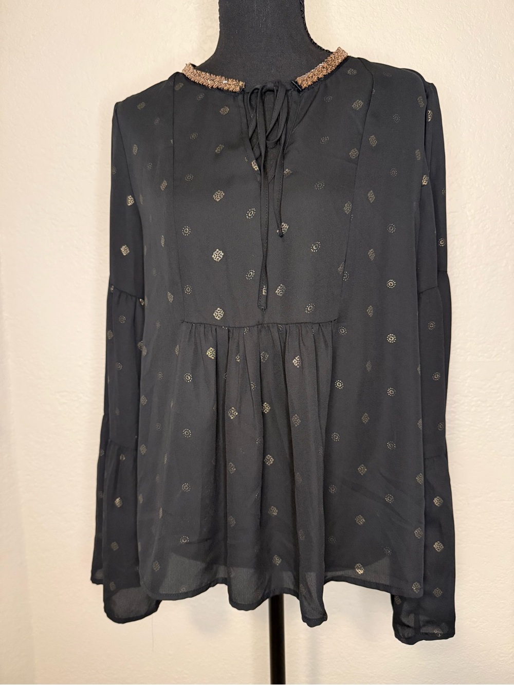 Altar'd State Black Blouse with Gold Metallic Dot Detail